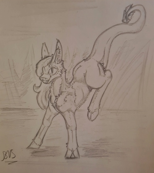 Size: 1502x1689 | Tagged: safe, artist:pinky_bestia, derpibooru import, oc, unofficial characters only, hybrid, pony, feral, fluffy, funny, image, jpeg, jumping, monochrome, sketch, smiling, traditional art