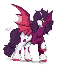 Size: 1173x1352 | Tagged: safe, artist:shamziwhite, derpibooru import, oc, unofficial characters only, bat pony, pony, undead, unicorn, vampire, vampony, bat wings, broken horn, ear fluff, eyebrows, horn, image, looking at you, male, png, simple background, slit pupils, smiling, solo, spotted, spread wings, stallion, white background, wings