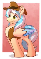 Size: 1952x2808 | Tagged: safe, artist:witchtaunter, derpibooru import, pegasus, pony, chest fluff, clothes, commission, cowboy, cute, gradient background, hat, image, male, png, smiling, stallion, vest