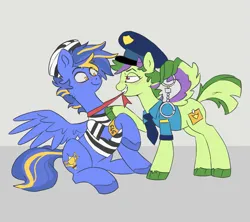 Size: 1487x1322 | Tagged: safe, artist:dimleyd, derpibooru import, oc, oc:dreamy damsel, oc:shining trophy, pony, blushing, clothes, criminal, female, image, looking at each other, looking at someone, male, mare, png, police, police uniform, roleplaying, stallion, wings