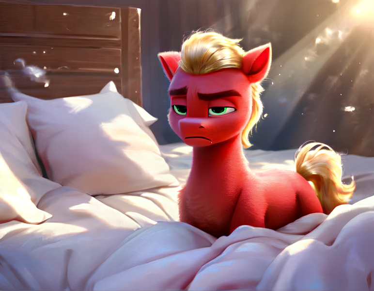Size: 3584x2784 | Tagged: prompter needed, safe, ai content, derpibooru import, machine learning generated, stable diffusion, sprout cloverleaf, earth pony, pony, g5, bed, bed mane, bedroom, cute, generator:pony diffusion v5, green eyes, image, lying down, male, messy mane, png, ponyloaf, prone, sleepy, solo, solo male, stallion, sunlight, tired, unamused