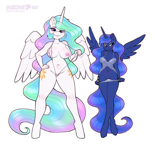 Size: 3696x3396 | Tagged: explicit, artist:dandy, derpibooru import, princess celestia, princess luna, alicorn, anthro, unguligrade anthro, bedroom eyes, belly button, bikini, blushing, breasts, busty princess celestia, cameltoe, cleavage, clothes, commission, duo, duo female, ear fluff, erect nipples, exposed breasts, eyeshadow, female, flashing, flashing boobs, functionally nude, grin, hand on hip, high res, horn, image, looking at you, makeup, micro bikini, nervous, nervous grin, nipple outline, nipples, nudity, panties, panties pulled down, panty pull, png, royal sisters, see-through, siblings, simple background, sisters, size difference, sling bikini, smiling, spread wings, swimsuit, underwear, vulva, white background, wings