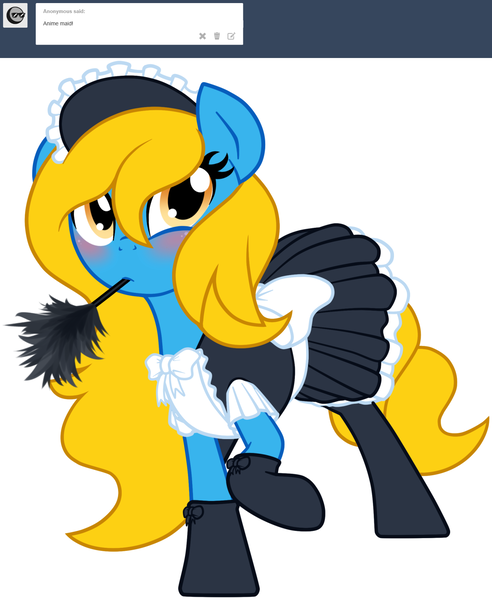 Size: 1280x1562 | Tagged: safe, artist:furrgroup, derpibooru import, oc, oc:internet explorer, earth pony, pony, ask internet explorer, blushing, browser ponies, clothes, duster, image, internet explorer, maid, mouth hold, png, simple background, solo, white background