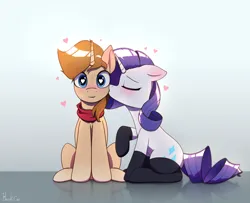 Size: 2664x2160 | Tagged: safe, artist:harukiicat, derpibooru import, rarity, oc, pony, unicorn, blushing, canon x oc, clothes, duo, eyes closed, heart, heart eyes, image, kissing, love, nervous sweat, png, simple background, sitting, socks, surprised, wingding eyes