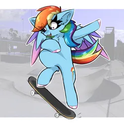 Size: 2000x2000 | Tagged: safe, artist:jubyskylines, derpibooru import, rainbow dash, pegasus, pony, bipedal, chest fluff, colored hooves, colored wings, colored wingtips, ear fluff, eye clipping through hair, female, g4, human in background, image, mare, open mouth, open smile, png, skateboard, skateboarding, skatepark, smiling, solo, solo female, spread wings, wings