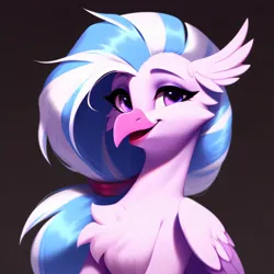 Size: 3072x3072 | Tagged: safe, derpibooru import, machine learning generated, stable diffusion, silverstream, hippogriff, ai content, brown background, bust, chest fluff, female, generator:purplesmart.ai, image, looking at you, png, simple background, solo
