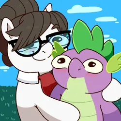 Size: 900x900 | Tagged: safe, artist:talimingi, derpibooru import, raven, spike, dragon, pony, unicorn, blank stare, blush sticker, blushing, commission, cute, duo, eyebrows, female, glasses, hair bun, hug, image, jpeg, lidded eyes, looking at you, male, mare, necktie, older, older spike, raised eyebrow, ravenbetes, ravenspike, secretary, shipping, smiling, smiling at you, spikabetes, straight, ych result
