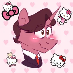 Size: 900x900 | Tagged: safe, artist:fuckomcfuck, derpibooru import, oc, oc:paper work, pony, unicorn, blushing, bow, clothes, heart, heart background, hello kitty, image, plushie, png, solo, suit, teddy bear