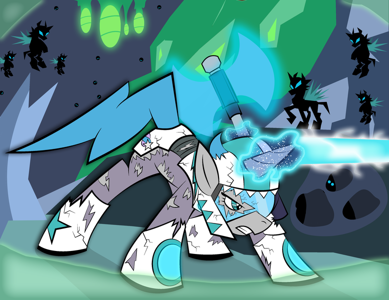 Size: 3300x2550 | Tagged: safe, artist:vareb, derpibooru import, oc, oc:tango starfall, changeling, pony, unicorn, angry, armor, armored pony, axe, battle axe, battle stance, beam, blue eyes, blue hair, blue mane, blue tail, boots, cave, changeling hive, clothes, female, fight, glare, glow, gritted teeth, helmet, horn, image, laser, laser axe, magic, mare, png, power armor, rock, shoes, surrounded, tail, teeth, torn clothes, visor, weapon