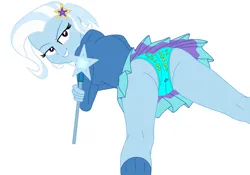 Size: 3102x2175 | Tagged: suggestive, artist:gmaplay, derpibooru import, edit, trixie, equestria girls, blue shirt, blue socks, clothes, devious smile, eyebrows, hairclip, high res, image, light blue panties, light blue underwear, looking at each other, looking at someone, looking at you, looking back, looking back at you, panties, panty shot, png, simple background, skirt, smiling, smiling at each other, stars, teeth, thighs, underwear, underwear edit, upskirt, wand, white background