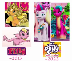 Size: 1788x1506 | Tagged: safe, derpibooru import, screencap, zipp storm, dragon, horse, g5, my little pony: make your mark, spoiler:g5, spoiler:my little pony: make your mark chapter 6, 2010s, 2d, 3d, blaize skysong, cartoon, comparison, crown, filly (dracco), flying, illustration, image, jewelry, jpeg, magazine, my little pony: make your mark chapter 6, necklace, regalia, render, similarities, witch