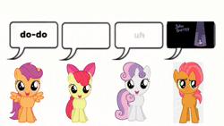 Size: 1920x1080 | Tagged: safe, derpibooru import, apple bloom, babs seed, scootaloo, sweetie belle, cutie mark crusaders, exploitable meme, gameplay, image, meme, pizza tower, simple background, singing, song, webm, white background