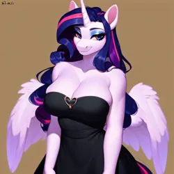Size: 3072x3072 | Tagged: suggestive, derpibooru import, machine learning generated, stable diffusion, rarity, twilight sparkle, alicorn, pony, adorasexy, ai content, big breasts, black dress, breasts, cleavage, clothes, crepuscular rays, cute, dress, female, fusion, generator:purplesmart.ai, image, mare, merging, png, sexy, strapless, strapless dress