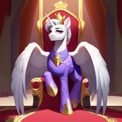 Size: 768x768 | Tagged: safe, derpibooru import, machine learning generated, stable diffusion, oc, oc:emperor basileus, alicorn, ai content, alicorn oc, horn, image, jpeg, male alicorn, throne, throne room, wings