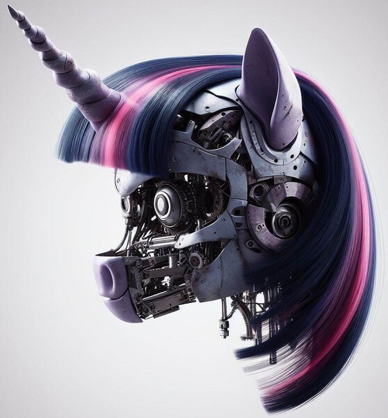 Size: 848x912 | Tagged: safe, derpibooru import, machine learning generated, twilight sparkle, pony, robot, robot pony, unicorn, ai content, clothes, cute, detailed, female, generator:bing image creator, generator:dall-e 3, hole, image, jpeg, mane, mare, metal, only head, quality, realistic, scope, twibot, uniform, weapon