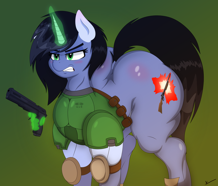 Size: 1499x1280 | Tagged: suggestive, artist:isaac_pony, derpibooru import, oc, oc:shainer shrapnel shock, horse, pony, unicorn, angry, armor, ass, blushing, butt, cutie mark, doom, doom equestria, female, gun, hand, handgun, huge butt, image, large butt, magic, magic aura, magic hands, mare, muscles, pistol, plot, png, raised tail, simple background, solo, solo female, sweat, tail, vector, weapon