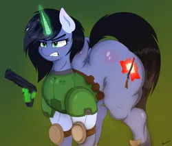 Size: 1499x1280 | Tagged: suggestive, artist:isaac_pony, derpibooru import, oc, oc:shainer shrapnel shock, horse, pony, unicorn, angry, armor, ass, blushing, butt, cutie mark, doom, doom equestria, female, gun, hand, handgun, huge butt, image, large butt, magic, magic aura, magic hands, mare, muscles, pistol, plot, png, raised tail, simple background, solo, solo female, sweat, tail, vector, weapon