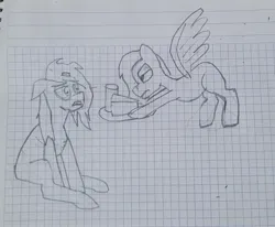 Size: 2048x1687 | Tagged: safe, artist:peel_a_na, derpibooru import, oc, oc:zombie mare, unofficial characters only, earth pony, pegasus, pony, undead, zombie, zombie pony, duo, female, flying, glass, graph paper, grayscale, hoof hold, image, jpeg, mare, monochrome, serving tray, traditional art, water