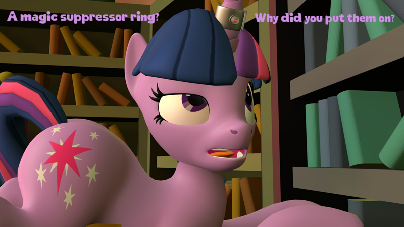 Size: 3840x2160 | Tagged: suggestive, artist:olkategrin, derpibooru import, twilight sparkle, pony, unicorn, comic:no moaning in the library, 3d, bend over, bent over, book, bookshelf, butt, comic, dialogue, english, female, golden oaks library, half-closed eyes, image, large butt, library, looking at self, looking at something, looking up, magic, magic suppression, mare, open mouth, png, room, sitting, source filmmaker, surprised, tail, tail aside, talking, talking to herself, teeth, text