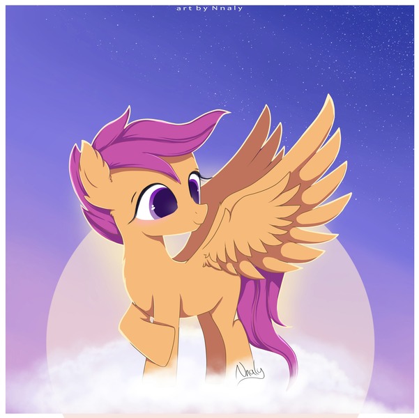 Size: 4100x4094 | Tagged: safe, artist:nnaly, artist:nnalyart, derpibooru import, scootaloo, pegasus, pony, absurd resolution, blank flank, blushing, cloud, ear fluff, female, filly, foal, g4, image, jpeg, large wings, looking back, on a cloud, scootaloo can fly, signature, smiling, solo, spread wings, wings