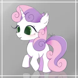 Size: 3500x3500 | Tagged: safe, artist:nnaly, artist:nnalyart, derpibooru import, sweetie belle, pony, unicorn, blank flank, blushing, ear fluff, female, filly, foal, g4, high res, horn, image, open mouth, open smile, png, reflection, signature, smiling, solo