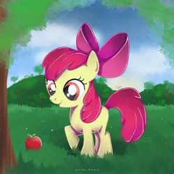 Size: 2000x2000 | Tagged: safe, artist:nnaly, artist:nnalyart, derpibooru import, apple bloom, earth pony, pony, apple, apple bloom's bow, apple tree, blank flank, bow, female, filly, foal, food, g4, hair bow, high res, image, jpeg, open mouth, outdoors, raised hoof, signature, solo, tree