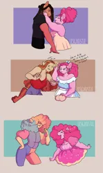 Size: 2000x3345 | Tagged: safe, artist:lesghostie, derpibooru import, pinkie pie, oc, oc:guadalupe poppy corn pie, oc:james jester pie, oc:simon cinnamon pie, anthro, earth pony, pony, bare shoulders, beige background, clown, clown nose, ear pull, female, freckles, hair over eyes, height difference, high res, image, male, mare, mother and child, mother and daughter, mother and son, offspring, parent:cheese sandwich, parent:pinkie pie, parents:cheesepie, png, red nose, simple background, spanish, stallion, tongue out