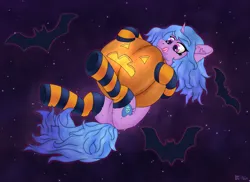 Size: 3153x2290 | Tagged: safe, artist:gantarts, derpibooru import, izzy moonbow, bat, pony, unicorn, g5, clothes, ear fluff, falling, female, halloween, high res, holiday, image, jack-o-lantern, mare, png, pumpkin, simple background, socks, solo, striped socks, tongue out