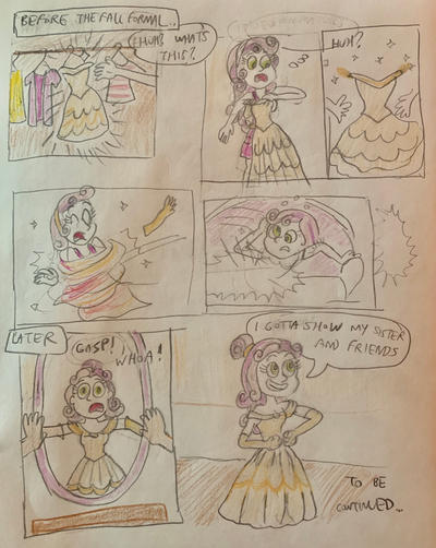 Size: 400x502 | Tagged: safe, artist:13mcjunkinm, derpibooru import, sweetie belle, human, equestria girls, alternate hairstyle, amazed, beauty and the beast, belle, clothes, dizzy, dress, fall formal outfits, female, gown, grin, image, jpeg, mirror, namesake, pun, smiling, solo, story included, surprised, transformation, transforming clothes, visual pun