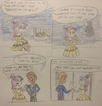 Size: 400x417 | Tagged: safe, artist:13mcjunkinm, derpibooru import, button mash, sweetie belle, human, equestria girls, alternate hairstyle, beauty and the beast, belle, clothes, dress, female, gown, holding hands, humanized, image, jpeg, looking at each other, looking at someone, male, namesake, pondering, pun, ship:sweetiemash, shipping, smiling, smiling at each other, story included, straight, suit, visual pun