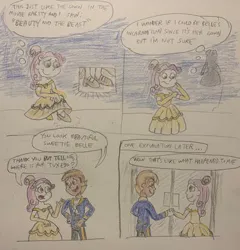 Size: 400x417 | Tagged: safe, artist:13mcjunkinm, derpibooru import, button mash, sweetie belle, human, equestria girls, alternate hairstyle, beauty and the beast, belle, clothes, dress, female, gown, holding hands, humanized, image, jpeg, looking at each other, looking at someone, male, namesake, pondering, pun, ship:sweetiemash, shipping, smiling, smiling at each other, story included, straight, suit, visual pun