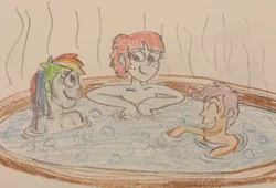 Size: 400x272 | Tagged: safe, artist:13mcjunkinm, derpibooru import, rainbow dash, scootaloo, windy whistles, human, equestria girls, ^^, adopted, adopted offspring, eyes closed, family, female, freckles, hot tub, humanized, image, jpeg, mother and child, mother and daughter, open mouth, open smile, scootadoption, siblings, sisters, smiling