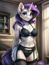 Size: 1536x2048 | Tagged: suggestive, derpibooru import, machine learning generated, rarity, anthro, unicorn, ai content, bedroom eyes, belly, belly button, blue eyes, blushing, bra, clothes, ear fluff, female, fluffy, garter belt, hands behind back, horn, image, lace underwear, light skin, lingerie, living room, looking at you, makeup, panties, png, prompter:kalmar, purple eyes, purple hair, shoulder fluff, smiling, socks, solo, solo female, standing, stockings, thigh highs, underwear, wide hips