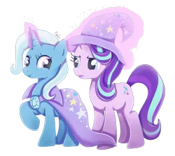 Size: 2078x1856 | Tagged: safe, artist:nnaly, artist:nnalyart, derpibooru import, starlight glimmer, trixie, pony, unicorn, accessory swap, brooch, cape, clothes, duo, duo female, female, g4, glow, glowing horn, hat, horn, image, jewelry, levitation, looking at each other, looking at someone, magic, magic aura, mare, png, raised hoof, signature, simple background, smiling, sparkles, telekinesis, transparent background, trixie's brooch, trixie's cape, trixie's hat, wizard hat