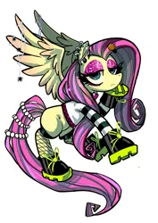 Size: 1240x1754 | Tagged: safe, artist:jully-park, derpibooru import, fluttershy, pegasus, pony, spider, clothes, ear piercing, earring, edgy, edgyshy, eyeshadow, female, gameloft interpretation, hairclip, image, jewelry, jpeg, makeup, mare, piercing, shoes, simple background, solo, white background, wip