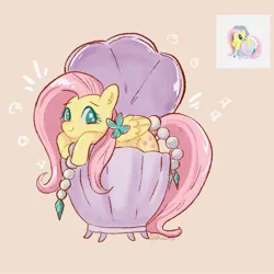Size: 1771x1771 | Tagged: safe, artist:haibiscuits, derpibooru import, fluttershy, pegasus, pony, beige background, clam, cute, female, image, jpeg, looking at you, mare, pearl, screencap reference, shyabetes, simple background, smiling, smiling at you, solo, toy interpretation