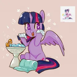 Size: 1731x1731 | Tagged: safe, artist:haibiscuits, derpibooru import, twilight sparkle, twilight sparkle (alicorn), alicorn, pony, beige background, cute, female, image, jpeg, mare, screencap reference, simple background, sink, sitting, solo, starry eyes, suds, towel, toy interpretation, twiabetes, wingding eyes