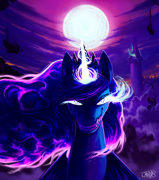 Size: 4390x4961 | Tagged: safe, artist:jowybean, derpibooru import, princess luna, alicorn, pony, absurd resolution, bust, female, full moon, glow, glowing eyes, glowing horn, horn, image, implied nightmare moon, looking at you, mare, mid-transformation, moon, png, sharp teeth, sinister smile, smiling, smiling at you, solo, teeth