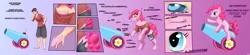 Size: 8000x1750 | Tagged: safe, artist:lysdiethyl, derpibooru import, pinkie pie, earth pony, human, pony, clothes, dialogue, eye color change, high res, human to pony, hypno eyes, image, male to female, mental shift, open mouth, party cannon, png, ripping clothes, rule 63, shirt, shorts, smiling, speech change, thinking, transformation, transformation sequence, transgender transformation