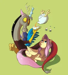 Size: 4056x4432 | Tagged: safe, artist:mrkiteart, derpibooru import, discord, fluttershy, draconequus, pegasus, pony, cup, duo, duo male and female, female, flying, ginseng teabags, green background, grin, image, jpeg, looking up, male, mare, shadow, signature, simple background, smiling, tail, teabag, teacup, teapot, winged teapot, wings
