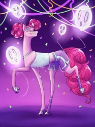 Size: 1024x1366 | Tagged: safe, artist:starshine74, derpibooru import, pinkie pie, earth pony, pony, balloon, clothes, confetti, costume, eyes closed, grin, image, nightmare night costume, pinkie puffs, png, roller skates, skates, smiling, solo