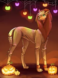 Size: 1024x1366 | Tagged: safe, artist:starshine74, derpibooru import, applejack, earth pony, pony, animal costume, applelion, clothes, costume, female, gradient background, halloween, holiday, image, jack-o-lantern, looking up, mare, nightmare night costume, png, pumpkin, solo