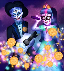 Size: 1270x1410 | Tagged: safe, artist:corlycolor, derpibooru import, flash sentry, sci-twi, twilight sparkle, human, equestria girls, acoustic guitar, catrina (calavera garbancera), clothes, dia de los muertos, dress, duo, duo male and female, female, flashlight, flower, guitar, image, jpeg, male, microphone, musical instrument, ship:sci-flash, shipping, straight, suit