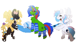 Size: 1920x1080 | Tagged: safe, artist:euspuche, derpibooru import, oc, oc:christian clefnote, oc:decora, oc:starburn, oc:triksa, unofficial characters only, changeling, lamia, original species, pegasus, pony, unicorn, animated, bipedal, clothes, gif, image, jumping, leg warmers, playing, simple background, transparent background
