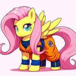 Size: 1024x1024 | Tagged: safe, derpibooru import, machine learning generated, fluttershy, pegasus, pony, ai content, crossover, cute, dragon ball, female, gi, image, jpeg, looking at you, mare, prompter:chadwoo0720, shyabetes, simple background, smiling, smiling at you, solo, son goku, white background