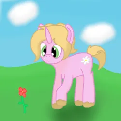 Size: 798x798 | Tagged: safe, artist:auro, derpibooru import, daisy, flower wishes, oc, unofficial characters only, unicorn, cloud, flower, grass, grass field, horn, image, png, reaching, rose, simple shading, sky, solo, unicorn oc