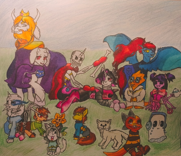 Size: 3340x2874 | Tagged: safe, artist:mettaton, derpibooru import, alicorn, cat, dog, dragon, ghost, human, pegasus, pony, spider, temmie, undead, unicorn, alphys, asgore dreemurr, big ears, bone, chara, clothes, dress, flower, flowey, frisk, glasses, headphones, humanized, image, jpeg, mettaton, mettaton ex, monster kid, muffet, napstablook, papyrus (undertale), sans (undertale), skeleton, suit, sweater, toby fox, toriel, undertale, undyne