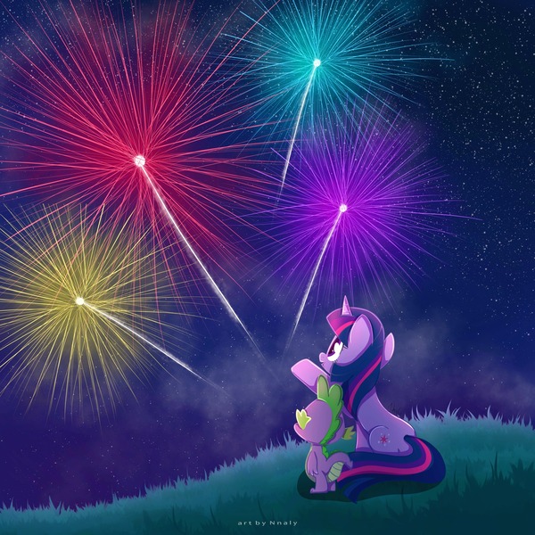 Size: 3000x3000 | Tagged: safe, artist:nnaly, artist:nnalyart, derpibooru import, spike, twilight sparkle, dragon, pony, unicorn, duo, duo male and female, female, fireworks, g4, grass, grass field, high res, horn, image, jpeg, male, mare, night, night sky, outdoors, raised hoof, signature, sitting, sky, stars, unicorn twilight