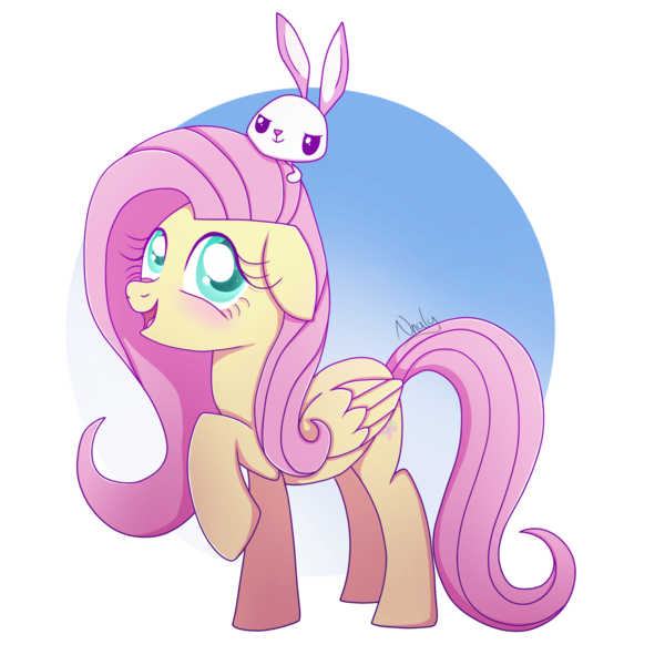 Size: 2000x2000 | Tagged: safe, artist:nnaly, artist:nnalyart, derpibooru import, angel bunny, fluttershy, pegasus, pony, rabbit, animal, blushing, cute, duo, duo male and female, female, folded wings, g4, gradient background, high res, image, male, mare, open mouth, open smile, png, raised hoof, shyabetes, signature, simple background, smiling, transparent background, wings