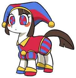 Size: 4329x4423 | Tagged: safe, artist:doublewbrothers, derpibooru import, edit, ponified, earth pony, pony, blushing, chibi, crossover, female, full body, hat, image, jester, jester hat, mare, png, pomni, simple background, solo, sticker, swirly eyes, the amazing digital circus, transparent background, youtube link